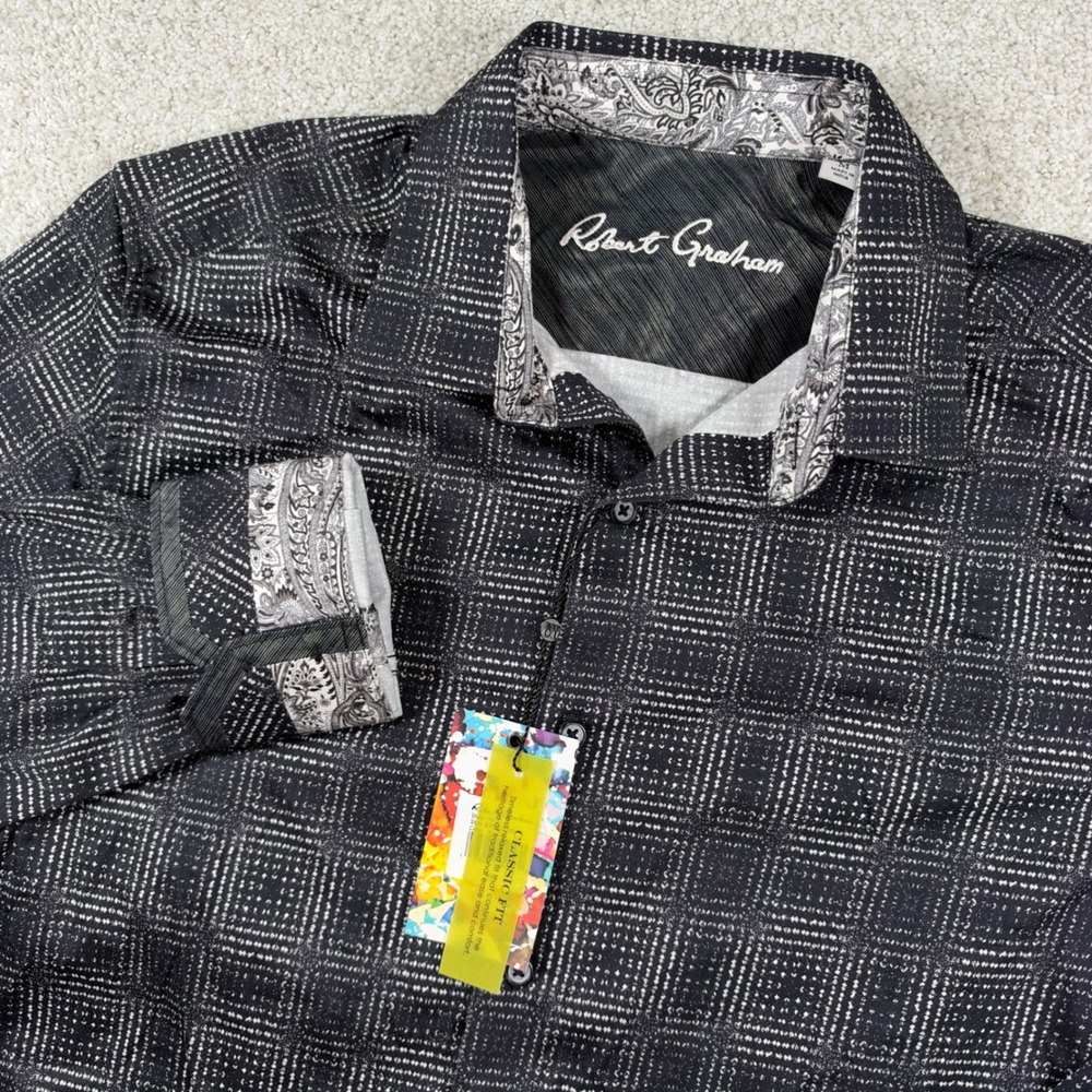 NEW Robert Graham Button Down Mens Medium Black Talos Grid Paisley Trim